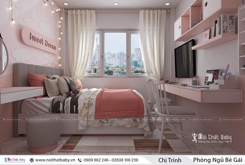 Phòng ngủ bé gái màu hồng cực kì xinh xắn